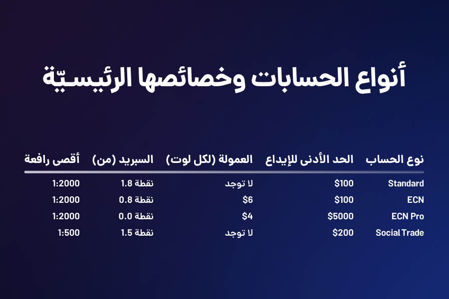 أنواع الحسابات وخصائصها الرئيسية