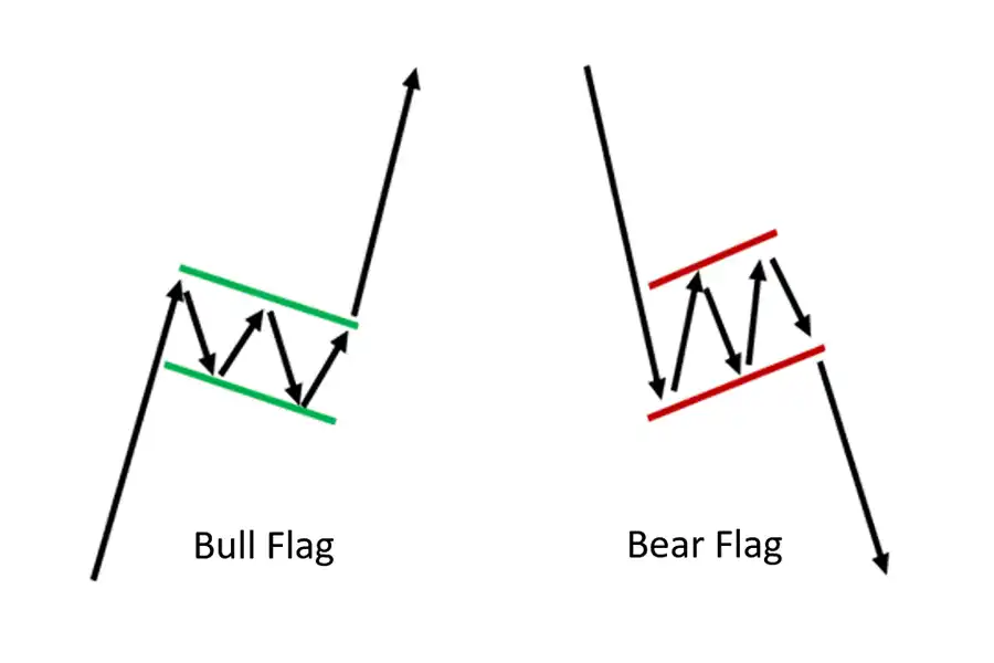 الگوی پرچم درواقع یک کانال کوچک است که برخلاف روند حرکت می‌کند و یک مکث موقت یا معکوس را نشان می‌دهد.