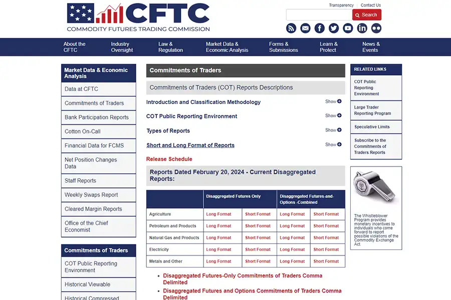 با واردشدن به سایت CFTC و انتخاب گزارش تعهدات معامله گران می‌توانید یک جدول جامع و کامل از تمامی گزارشات را با جزئیات دانلود کنید.